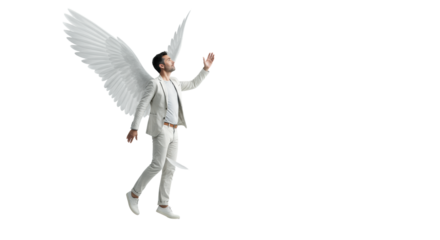 Ethnically diverse professional in smart-casual neutral attire rising with outstretched hand on transparent studio background with copy space, concept of aspirational progress and lightness