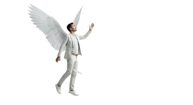 Ethnically diverse professional in smart-casual neutral attire rising with outstretched hand on transparent studio background with copy space, concept of aspirational progress and lightness