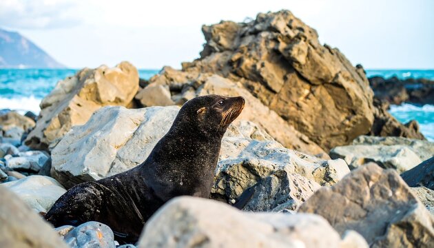 Seal resting on rocky coastline with ocean waves in background.