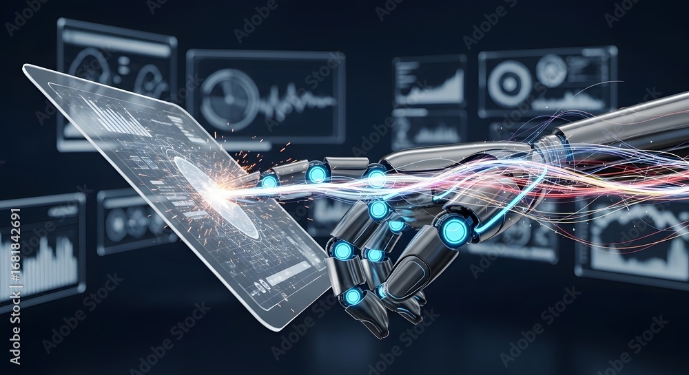 Poster robotic hand interacting with futuristic holographic interface displaying data and charts