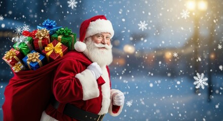 Santa Claus carrying a sack full of Christmas presents in a snowy night
