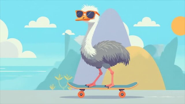 Ostrich skateboarder cartoon illustration