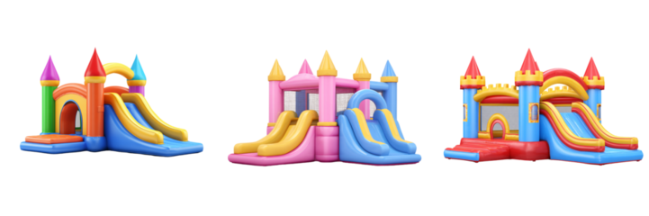 Three inflatable bounce houses with slides isolated on transparent background