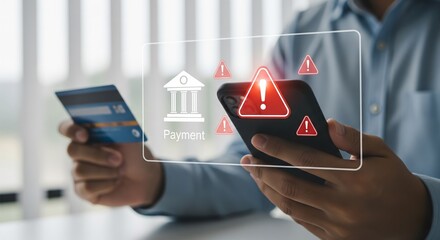 Payment Alert: A person is holding a credit card and smartphone with online banking application showing warning symbol of fraud.