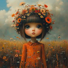 Atmospheric artistic illustration of a girl with big expressive eyes and a serious look.  