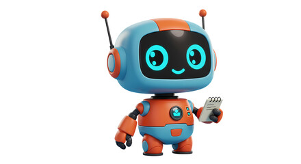 Cute cartoon robot holding a notepad with a friendly expression on transparent background