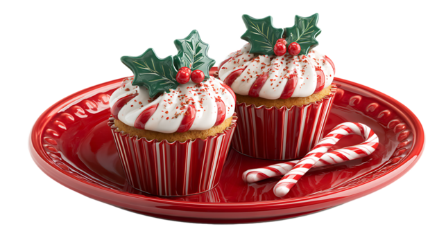 Two christmas cupcakes with candy canes on a red plate isolated on transparent background