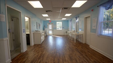 Obraz premium Light-filled interior of a light-blue room with wooden floors
