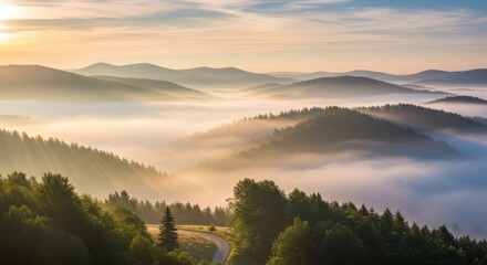 Majestic Mountain Range Covered in Morning Fog with Golden Sunlight Filtering Through the Trees and Haze Scenic Landscape