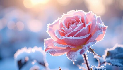 Pink rose covered in frost standing bright in snowy winter garden with sunlight creating magical cold and warm seasonal atmosphere