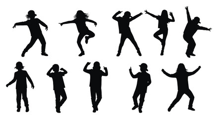 Collection of dancing women in various poses and movements in black silhouette