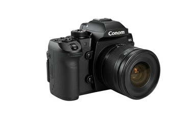 Professional-grade black dslr camera with substantial zoom lens, pristine matte finish, metallic accents, ultra-sharp on spotless white studio background, concept of precision and excellence