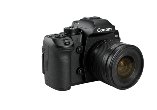 Professional-grade black dslr camera with substantial zoom lens, pristine matte finish, metallic accents, ultra-sharp on spotless white studio background, concept of precision and excellence