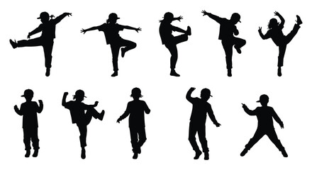 Collection of silhouettes of people dancing in various dynamic poses and movements