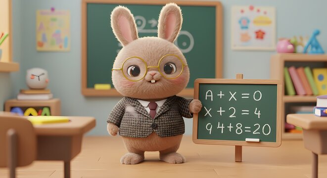 Adorable bunny teacher with glasses holding a chalkboard in a classroom scene on transparent background