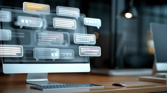 Modern computer chatbot messages screen interface desktop monitor, with chat message bubbles and glowing UI elements, showcasing sleek glass monitor