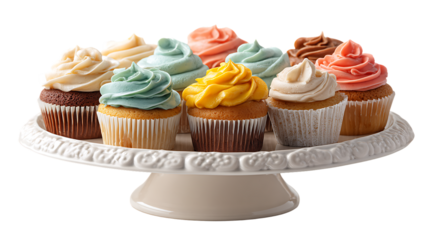 Assortment of cupcakes on a white cake stand isolated on transparent background