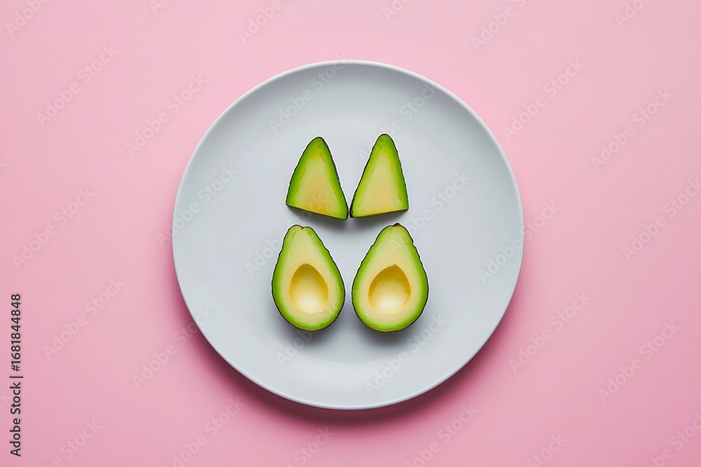 Poster aesthetic plate with avocado slices arranged in a triangular pattern, minimal background
