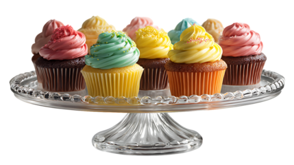 Assortment of colorful cupcakes on a glass stand isolated on transparent background