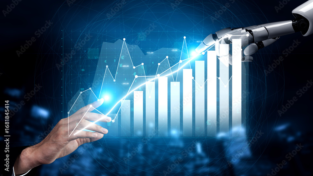 Poster a futuristic scene featuring a robot hand interacting with a rising graph, symbolizing technology im