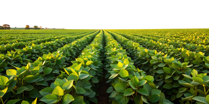 Rows of green soybean plants in a field at sunset with golden light agriculture crop isolated on a transparent background