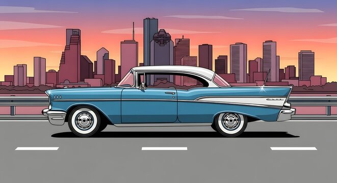 Classic blue vintage car cruising down highway with stunning city skyline backdrop at sunset, evoking nostalgia and freedom - Powered by Adobe