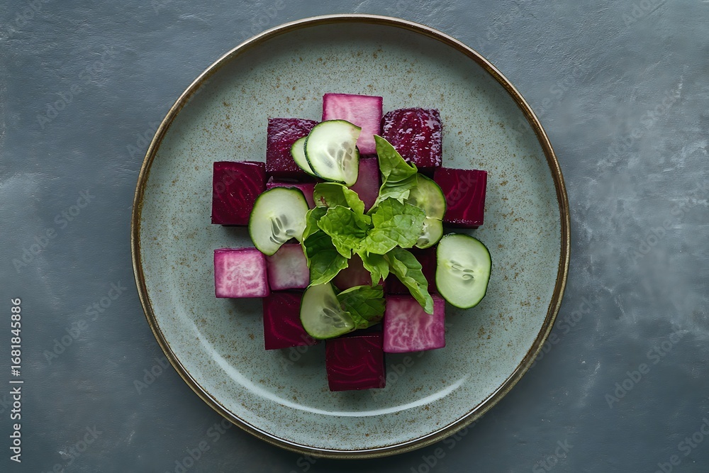 Poster balanced geometric food plate with beetroot slices and cucumber ribbons arranged in squares