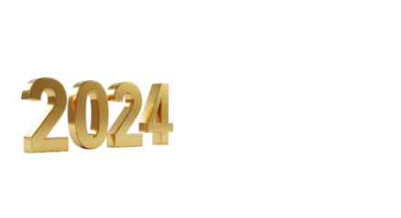 Sleek, golden metallic 3D '2024' numbers, polished and sharp, against transparent studio background with right copy space. Concept of future success and prosperity