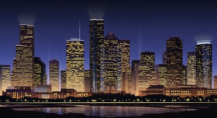 Obraz premium Stunning illuminated city skyline at night, reflecting vibrant lights across calm water, a beacon of modern urban energy and opportunity.