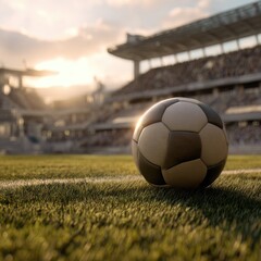 A soccer ball rests on the field, bathed in the golden light of sunset, in front of a packed stadium.