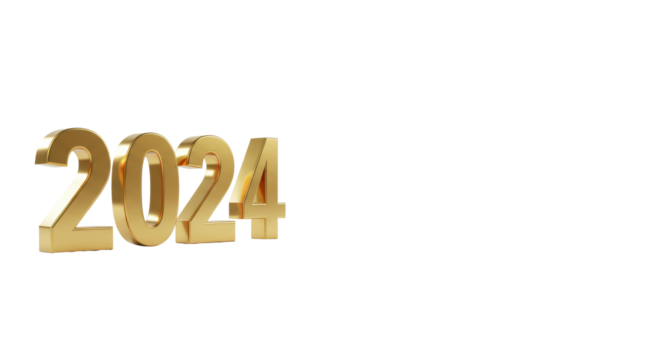 Sleek, golden metallic 3D '2024' numbers, polished and sharp, against transparent studio background with right copy space. Concept of future success and prosperity