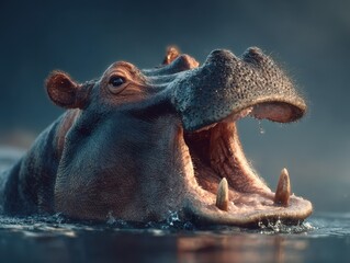 Fototapeta premium Hippo emerging from water with mouth open in serene habitat at dawn