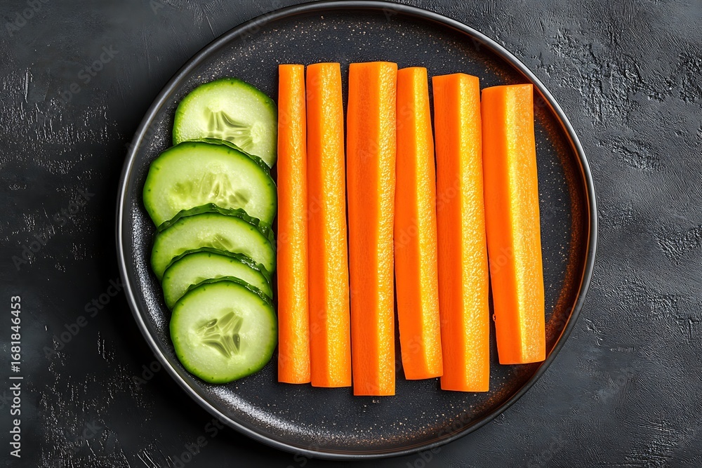 Aufkleber carrot sticks and cucumber slices placed in parallel lines, forming a rectangle on a sleek plate