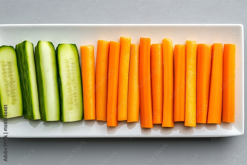 Poster carrot sticks and cucumber slices placed in parallel lines, forming a rectangle on a sleek plate