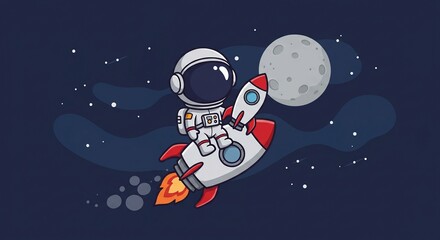 Cute astronaut riding a rocket through space with the moon in the background.