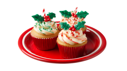 Three christmas cupcakes with holly and berries isolated on transparent background