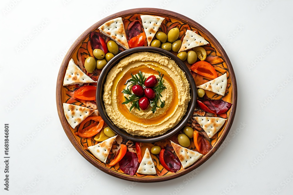 Poster circular plate with hummus in the center, surrounded by neatly placed pita triangles and olives