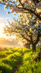 A sun-drenched pathway winds through a blossoming orchard, showcasing vibrant spring colors and a peaceful ambiance.
