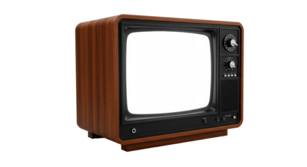 A pristine vintage television with dark-brown polished wood and black details, retro knobs, a luminous blank white screen, set off-center in a soft studio with negative space. Concept of evolving