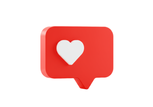 Red social media 'like' notification icon with transparent heart, subtly dimensional 3/4 view on a transparent background with copy space. Concept of digital approval