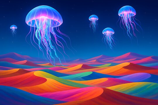 Surreal desert landscape with colorful dunes and glowing jellyfish in a dreamy ethereal vista - Powered by Adobe