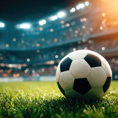 A soccer ball rests on the vibrant green grass of a stadium, bathed in the warm glow of stadium lights.