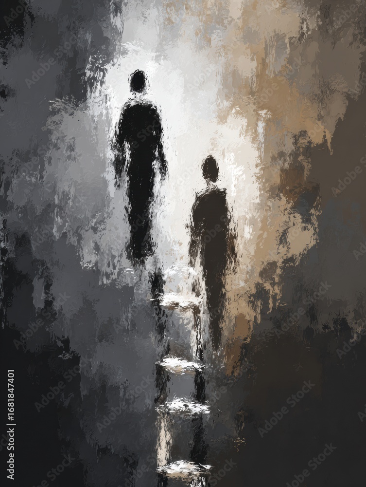 Poster two shadowy figures climb a ladder ascending from a misty backdrop, symbolizing a journey or transit