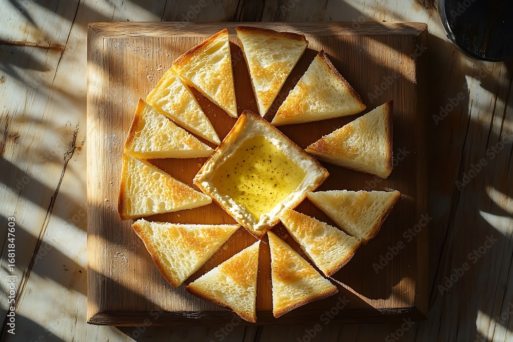 Poster crisp, triangular bread pieces arranged around a minimalist central dip, creating a symmetrical layo