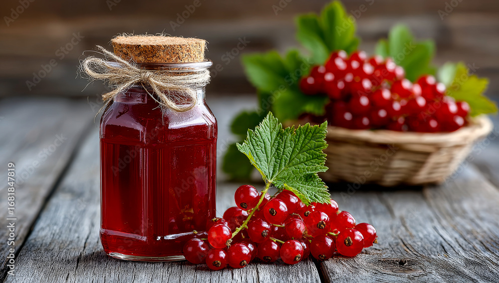 Poster homemade red currant jam in a jar. jar of red currant jam sits on a wooden table with fresh red curr