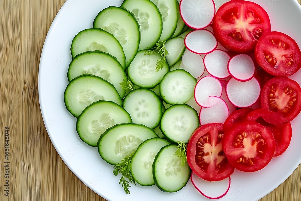 Poster cucumber, radish, and tomato slices arranged in a concentric circle, creating a visually striking pl