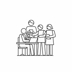 Teamwork process illustrated with a simple line art drawing. Teamwork shown with team discussing details and one person working at computer.