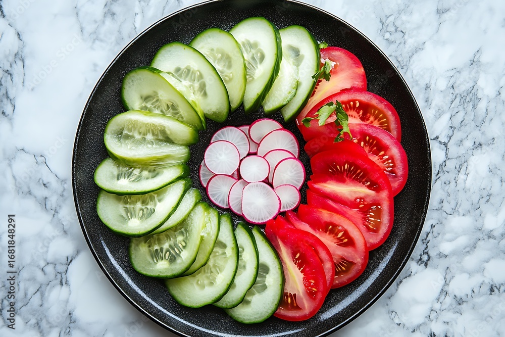 Poster cucumber, radish, and tomato slices arranged in a concentric circle, creating a visually striking pl