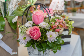 Fresh Pink Rose Basket Arrangement Florist Shop Display