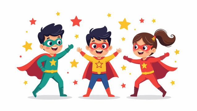 Three cheerful cartoon kids dressed as superheroes with star symbols, colorful outfits, and capes on a white background, concept of teamwork. Vector kids illustration, children's